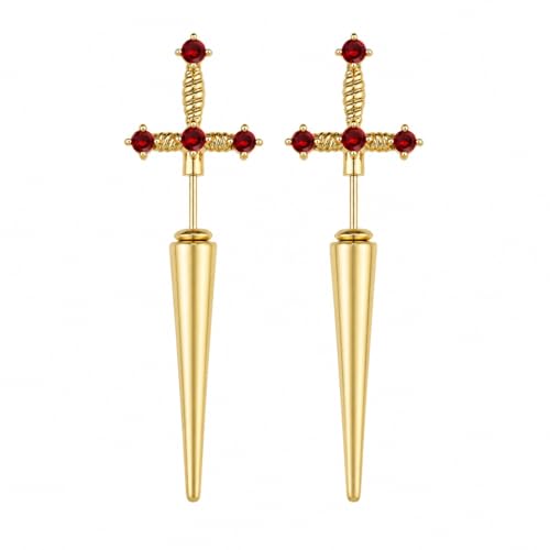 Gothic Sword Dagger Earrings for Women - 3D Front Back Ear Jackets, Vintage Punk Style Illusion Studs, Edgy Fashion Jewelry Gifts, Gold & Silver Tone Alloy (Gold)