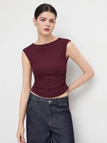 Image of CIDER Boat Neck Tops for Women Sleeveless Ruched Crop Tank Tops | Slim Fit, Trendy Summer Outfits, Casual Tee Shirt