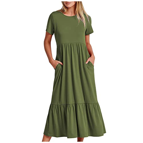 XUNRYAN Summer Dresses for Women 2024 Casual Calf Length Maxi Dress Pleated Flowy Tiered Swing Beach Sundress with Pockets