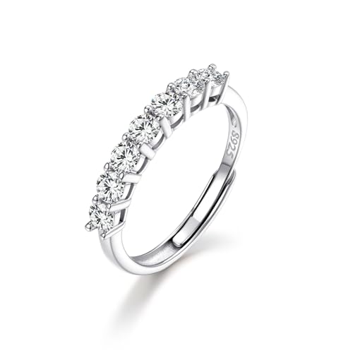 Adjustable Moissanite Wedding Band for Women 7 Stones 3mm 0.1ct Eternity Bands Moissanite Wedding Rings for Women Sterling Silver Ring Anniversary Band White Gold Plated2