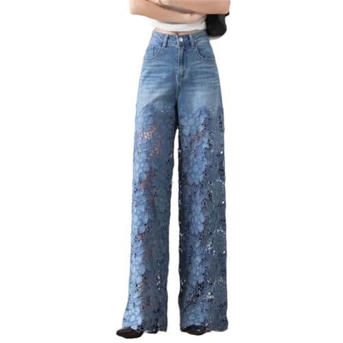 Women Elegant Jeans High Waist Lace Patchwork Pantalones Hollow Out Oversized Casual Loose Pants