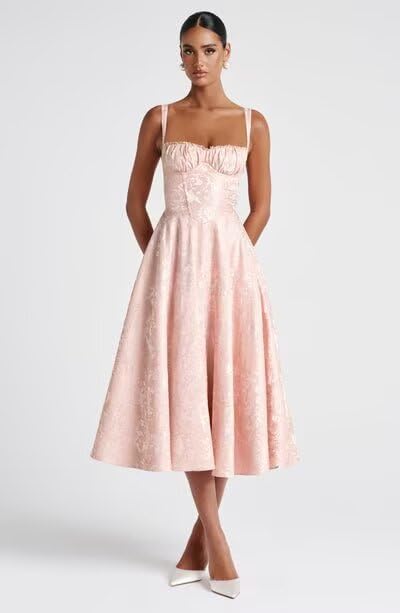 Spaghetti Strap Satin Jacquard Floral Formal Dress for Women Round Neck Ruched Prom Party Gowns PU2023