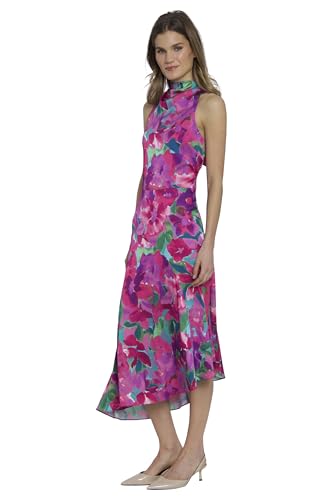 Image of Maggy London Women's High Neck Halter Asymmetrical Fit and Flare Midi Dress | Wedding Guest Dresses for Women