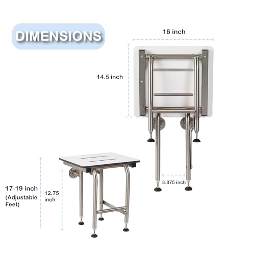 Shower Seat Resin with Legs, ADA Heavy Duty Shower Chair for Inside Shower 400lbs | 304 Stainless Steel | Shower Chair for Elderly and Disabled | Folding Shower Seat Wall Mounted | 16”x16”