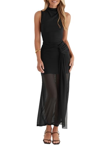 OWIN Womens Black Formal Maxi Dress Sleeveless Mock Neck Ruched Bodycon Elegant Wedding Guest Evening Long Mesh Dress Medium