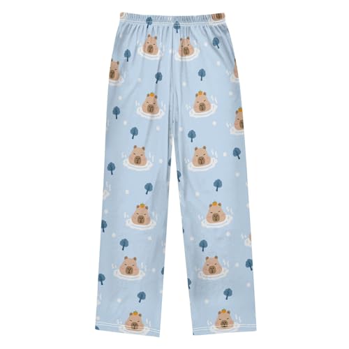 Cute Bathing Capybara Pajama Pants Lounge Sleep Pants Elastic Waist Long Pajama Bottoms with Pockets for 6-14 Years2