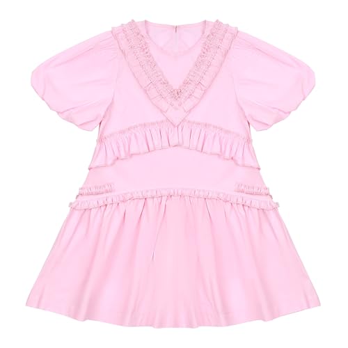Erasers&pencils Girls Short Puff Sleeve Princess Summer Party Casual Dresses Elegant Ruffle 100% Cotton2