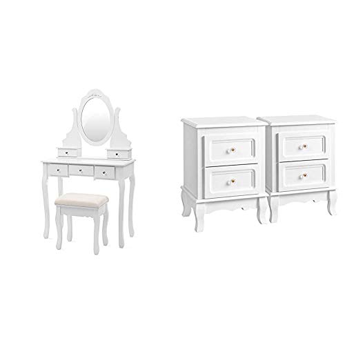 SONGMICS Coiffeuse, Table de Maquillage, avec 1 Miroir, 5 tiroirs et 1 Tabouret, Parois dans Le tiroir, Miroir pivotant, Blanc RDT09W & Table de Chevet