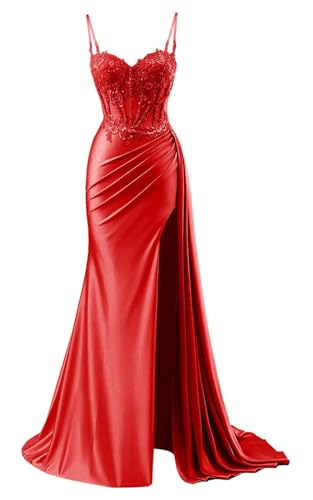 YIANN Robe de bal en satin avec col en V pour femme - Robe de soirée formelle sirène 2025 avec fente, Rouge, 46