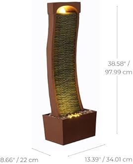 Teamson Home 38.5" Indoor/Outdoor Modern Curved Faux Slate Waterfall Fountain with LED Lights, Red Rock