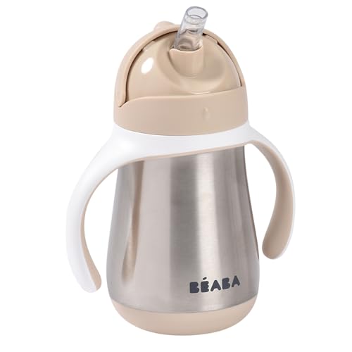 BÉABA, Biberón/Vaso de Aprendizaje/Gourde Bebé 2 en 1 Inox, Vaso con Pajita Niño, 100% Estanca, Antigoteo, Fácil de Abrir, Asas Extraíbles, Acero Inox, Saludable y Resistente, 250 ml, Arcilla