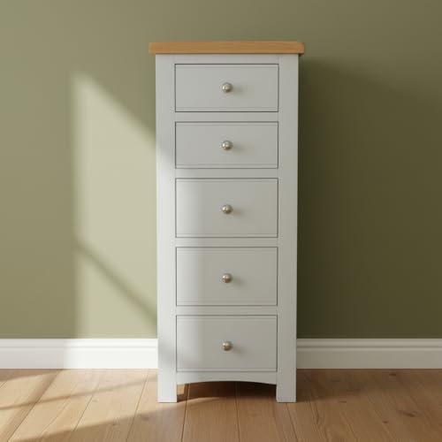 Cómoda de 5 cajones de madera pintada con estructura gris delgada lista para usar en casa 4