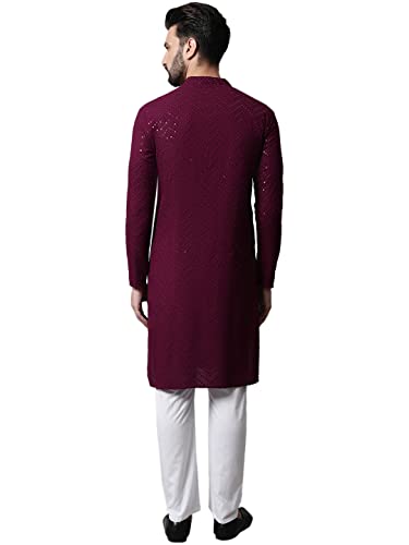 Image of Jompers Men Embroidered Sequinned Kurta with Churidar (Purple, XL)