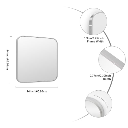 Image of KOCUUY Silver Bathroom Mirror, 24x24 Inch Bathroom Mirror for Over Sink, HD Tempered Glass, Anti-Rust Brushed Silver Frame, Rounded Corner Modern Design for Bathroom, Hang Horizontal /Vertical