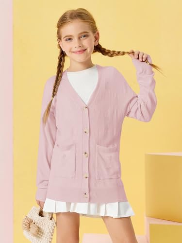 Image of Girls Cardigans Kids Fashion Open Front Long Sleeve Knit Sweaters Outerwear with Pockets 5-14 Years Pink