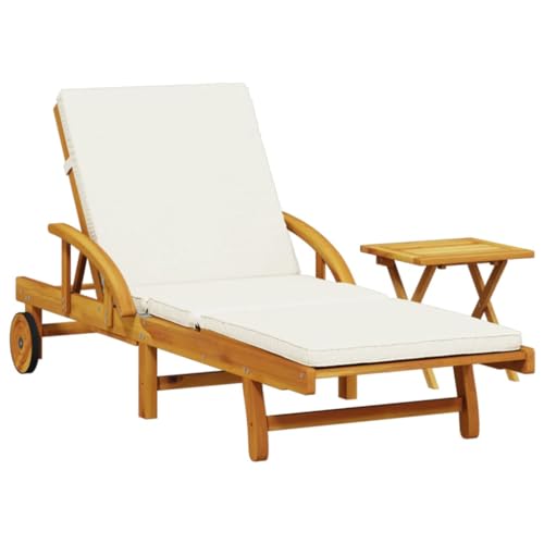 vidaXL Sonnenliege, Gartenliege mit Auflage Klapptisch Rollen, Relaxliege mit Liegefunktion, Strandliege Liege Gartenmöbel, Massivholz Akazie