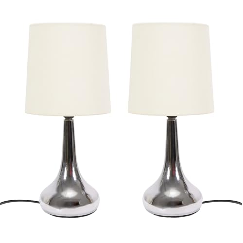 ValueLights | Silver Chrome Teardrop Touch Dimmer Table Lamps with Cream Shade | Home Décor, Bedside & Desk Lamp | Includes Bulb