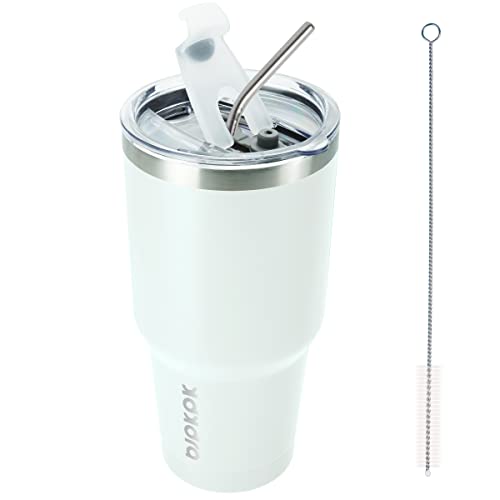 Image of BJPKPK 30 oz Tumbler with Lid and Straw, Insulated Stainless Steel Cup | Double Wall Vacuum, BPA Free, Leak Proof, Keeps Hot /Cold, Travel & Beach Ready, Car Holder Fit, White