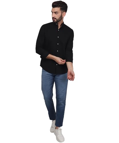 Image of TryBuy Exclusive Men's Black Solid Band Casual Cotton Shirt
