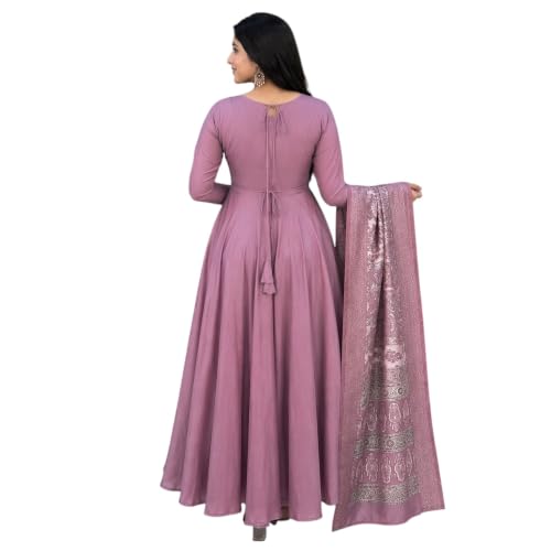 Image of Women's Ethnic Anarkali Kurta Set | Premium Vichitra Silk Gown with Printed Mayura Silk Kalamkari Dupatta Brown