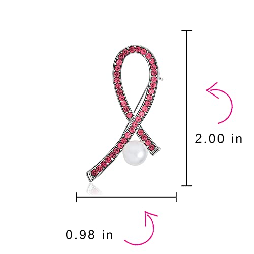 Image of Elegant White Simulated Pearl with Crystal Pave Pink Ribbon Breast Cancer Survivor Brooch Pin - Silver Plated Accent - Empowering Jewelry for Women