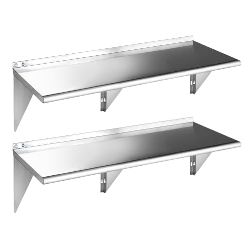 ROCKPOINT Stainless Steel Shelf 18 x 72 Inches 500lb, 2 Pack NSF Metal Commercial Shelves Wall Mount Floating Shelving with Backsplash for Restaurant, Kitchen, Home and Hotel, Silver