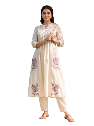 INDO ERA Women Pure Cotton Floral Embroidered Thread Work Kurta & Pant Set |Cord Set For Women Cotton