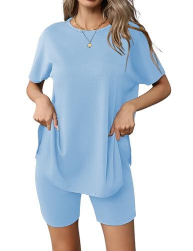 Image of Ekouaer Women's 2 Piece Lounge Set 2026 Summer Biker Shorts Set Outfits Short Sleeve Oversized Top Matching Tracksuit