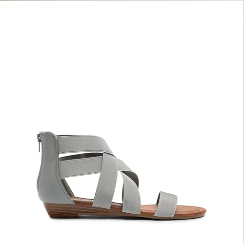 DREAM PAIRS DREAM PAIRS Women's Elastic Ankle Strap Sandals Gladiator Strappy Low Wedges Sandals,Size 5,Grey,ELASTICA8
