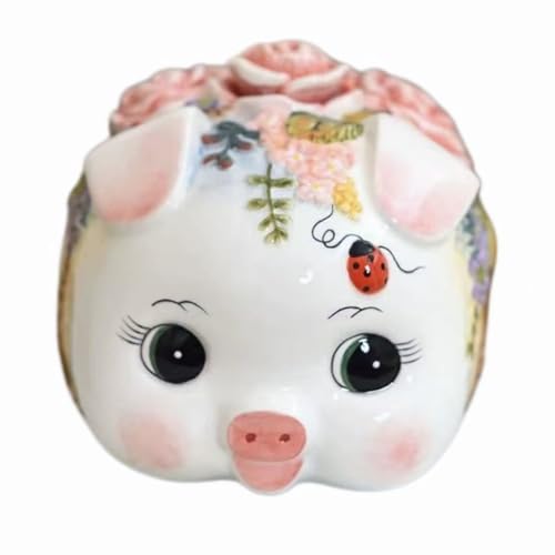 FORLONG Ceramic Piggy Bank，Coin Bank，Money Box, Hand Painted Victoria Pink Rose Pig Design (7.5" L)