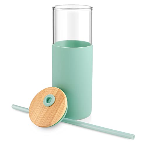 Tronco 24Oz Glass Tumbler Glass Water Bottle Straw Silicone Protective Sleeve Bamboo Lid - Bpa Free #TOP2