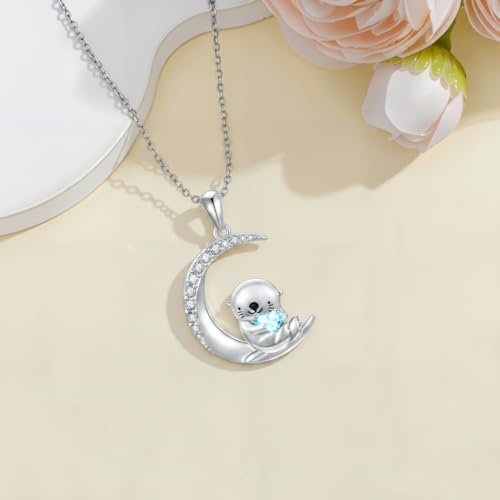 Image of PROESS Animal Birthstone Necklace 925 Sterling Silver Otter /Axolotl /Hippo /Elephant /Dachshund /Monkey /Red Panda Pendant Necklace Animal Birthstone Jewelry Gifts for Women