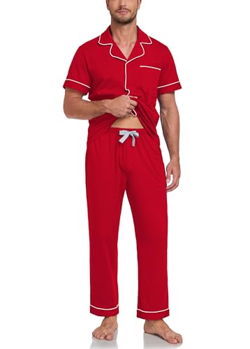 Image of COLORFULLEAF 100% Cotton Mens Pajamas Set Short Sleeve Loungewear with Long Pants Button Down Sleepwear Soft Comfy Pj for Men