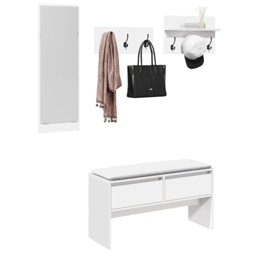 RCODSSK Ensemble de 4 vestiaires pour couloir avec miroir et banc à chaussures avec tiroirs blancs, avec porte-manteau avec 6 crochets pour une entrée bien...