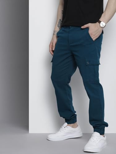 Image of THE INDIAN GARAGE CO Men Slim Fit Solid Mid-Rise Stretchable Cuffed Cargos