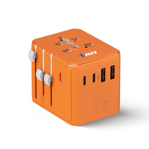 Image of Orei 45Watt Universal Charger Adapter | 3X USBC 2XUSB A - 6-in-1 International Travel Adapter | Universal Travel Adapter Compatible 150+ Countries | Type C, A, G, I Compatible, Cosmic Orange