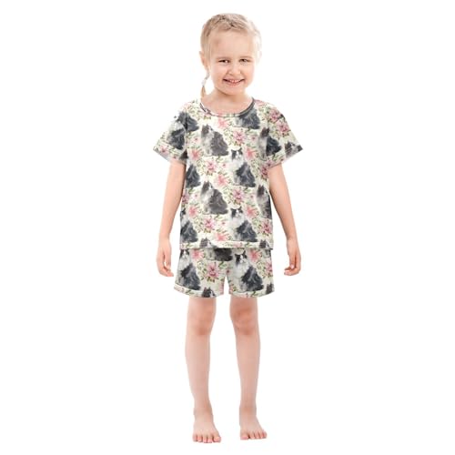 ALAZA Flower Cat Animal Blossom Pajamas Short Sleeve 2 Piece Sleepwear Top and Bottom Pajama Set Unisex3