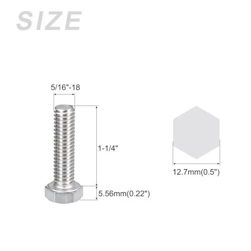 Image of METALLIXITY Hex Head Bolts (5 /16-18 x 1-1 /4 inch) 5Pcs, 304 Stainless Steel 18-8, Fully Threaded, External Hex Drive, Plain Finish, Hex Head Screw Bolt, Silver
