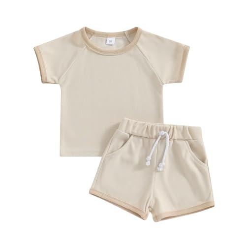 Image of Ayalinggo Baby Girl Summer Outfit Short Sleeve Floral Waffle T-shirt Top and Shorts Set Gender Neutral Toddler Clothes
