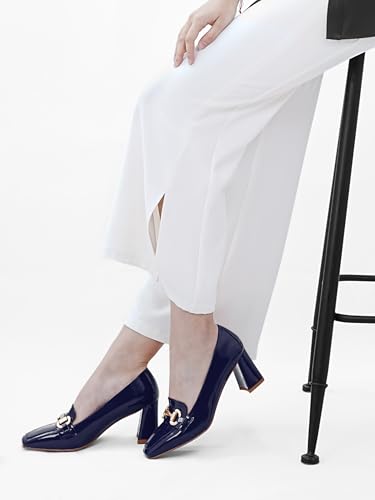 Image of Womens Mid Block Chunky Heeled Loafers Closed Square Toe Patent Leather Comfortable Slip On Pumps Metal Chain Basic Classic Casual Work Office Dress Shoes 2.8 Inches Heels