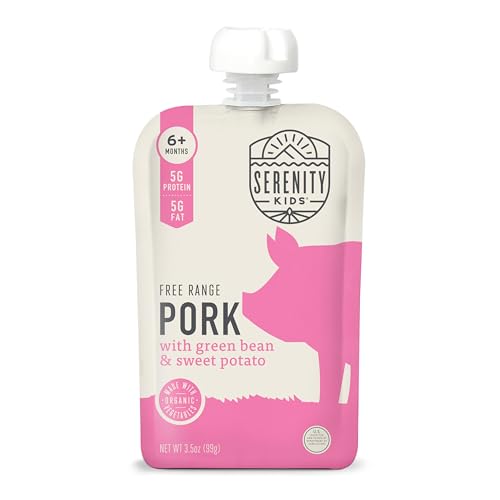 Image of Serenity Kids 6+ Month Baby Food Pouches - Free Range Pork with Organic Green Bean & Sweet Potato Puree - BPA-Free Food Pouches for Baby - 3.5 Oz, 1 count