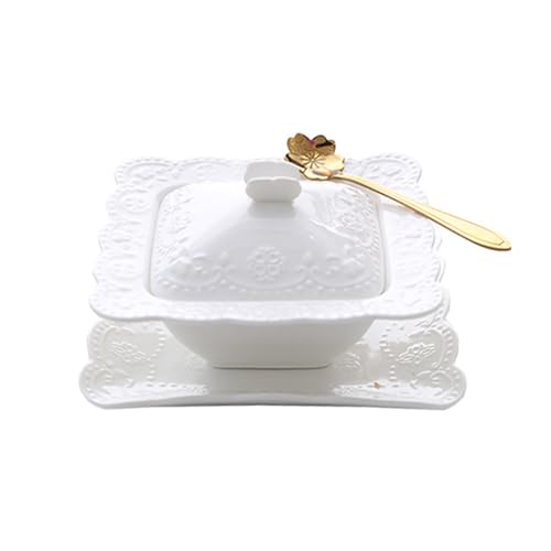 BURLOE Pot à Soupe en céramique Bol à Soupe soupière soupière Tasse, 3 pièces soupière en Porcelaine avec Couvercle de Soucoupe cuillère,Blanc