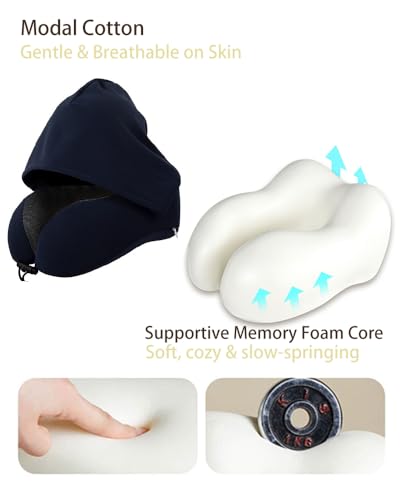 Hemompito Neck Pillow with Blackout Hood, Travel Pillow for Airplane, Ergonomic Memory Foam, Adjustable Buckle Strap, Breathable & Detachable Modal Cotton Pillowcase, Ideal for Traveling, Office Naps — view 3
