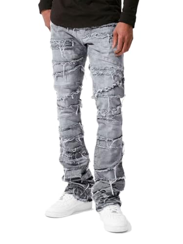 Mens Skinny Jeans Straight Leg Punk Rock Hip Hop Streetwear Frayed Stacked Jeans
