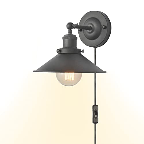 JZCDR Metall Wandleuchte mit Stecker und Kabel E27 Wandlampe Innen Schwarz mit Schalter Steckdose Retro Vintage Industrial Wandbeleuchtung Deko Schlafzimmer Wohnzimmer Nachttisch Veranda Korridor Cover