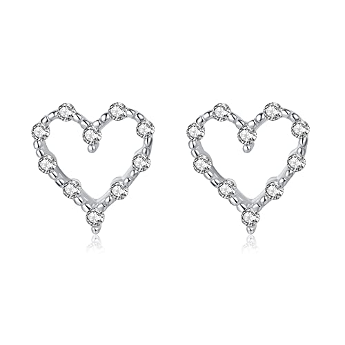 Reffeer Solid 925 Sterling Silver Hollow Heart Stud Earrings for Women Teens CZ Open Heart Earrings Stud Hypoallergenic