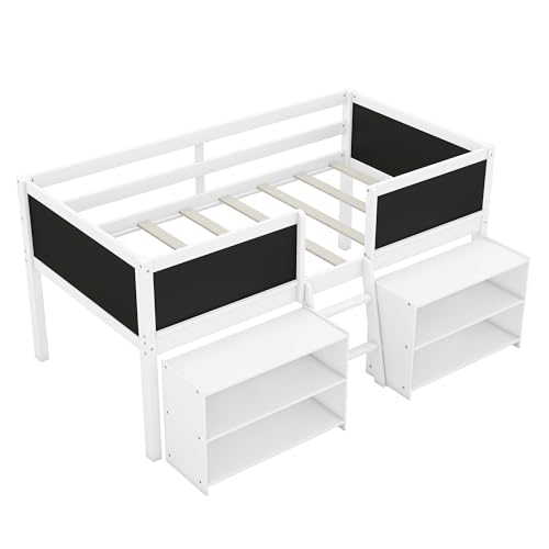 Twin Size Low loft Bed with Movable Shelves for Kids,Kids Low Loft Bed Frame with Guardrail Chalkboard and Storage,Solid Wood Loft Bed Twin for Boys,Girls (White)