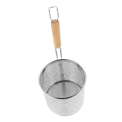 CLISPEED Colador de Acero Inoxidable con Mango de Madera Cesta Perforada Grande para Escurrir Pasta Fideos y Verduras Utensilio de Cocina Resistente con Diseño para Colgar para Uso