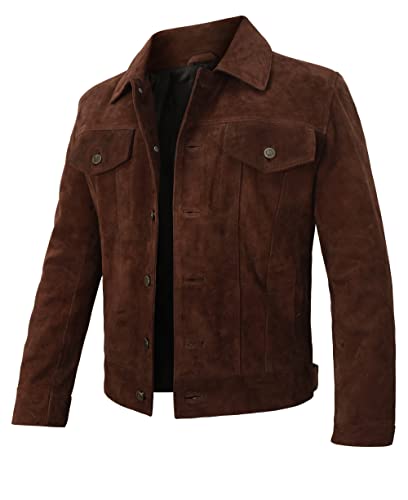 Image of Mens Premium Brown Suede Leather Trucker Jacket - Vintage Classic Motorcycle Western Goat Leather Coat