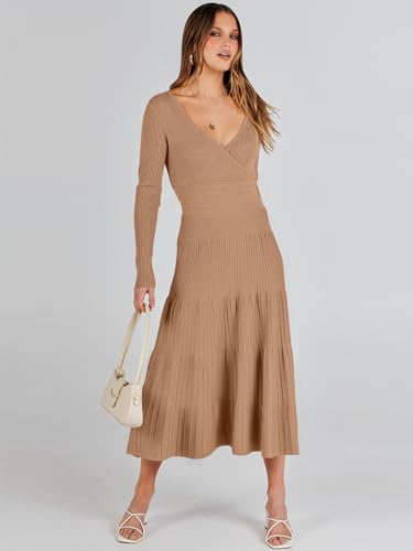 ANRABESS Womens Wrap Midi Sweater Dresses Long Sleeve V Neck Ribbed Knit Bodycon High Waist Pleated A-Line Dress 2025 Trendy2